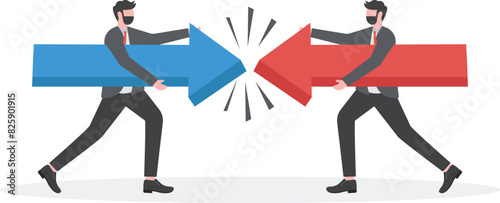 Conflict of interest. Business concept. Two businessmen keep the arrows red and green against each other. 

