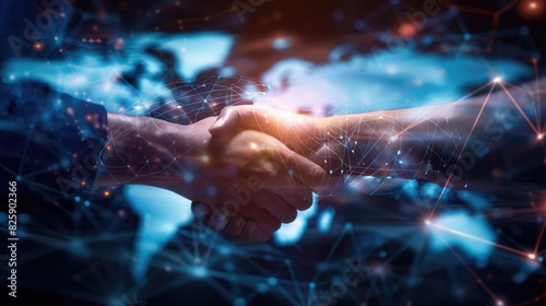 Close-up of a handshake with a digital network and global map background, symbolizing global business, partnership, and technology.