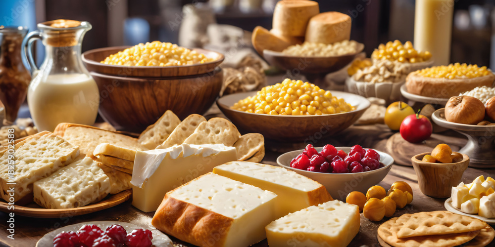 Jewish holiday Shavuot. Shavuot symbols : torah, first harvest, flowers, milk products- dairy Jewish holiday Shavuot. Shavuot symbols : torah, first harvest, flowers, milk products- dairy