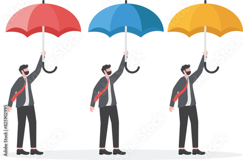 Standing out from the crowd. Uniqueness and individuality. Difference concept. Man holding a red umbrella among people with black umbrellas. 


