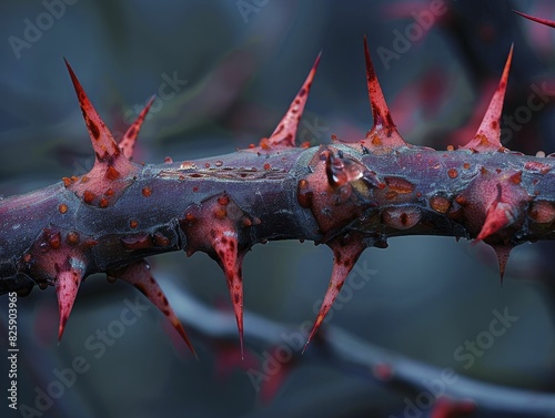 Sharp thorns details, macro shot highlighting the contrast between beauty and danger, showcasing clarity with precision. photo