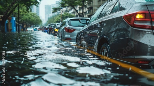 A car is stuck in a flooded street with other cars in the background © liliyabatyrova