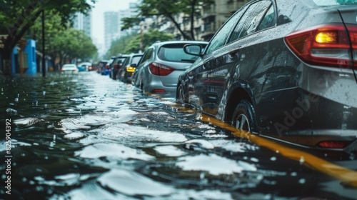 A car is stuck in a flooded street with other cars in the background