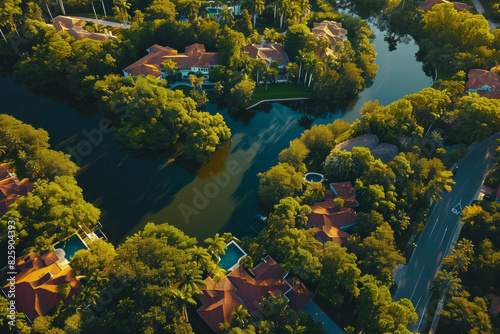 An aerial perspective showing a residential neighborhood nestled amidst lush green trees © koala studio