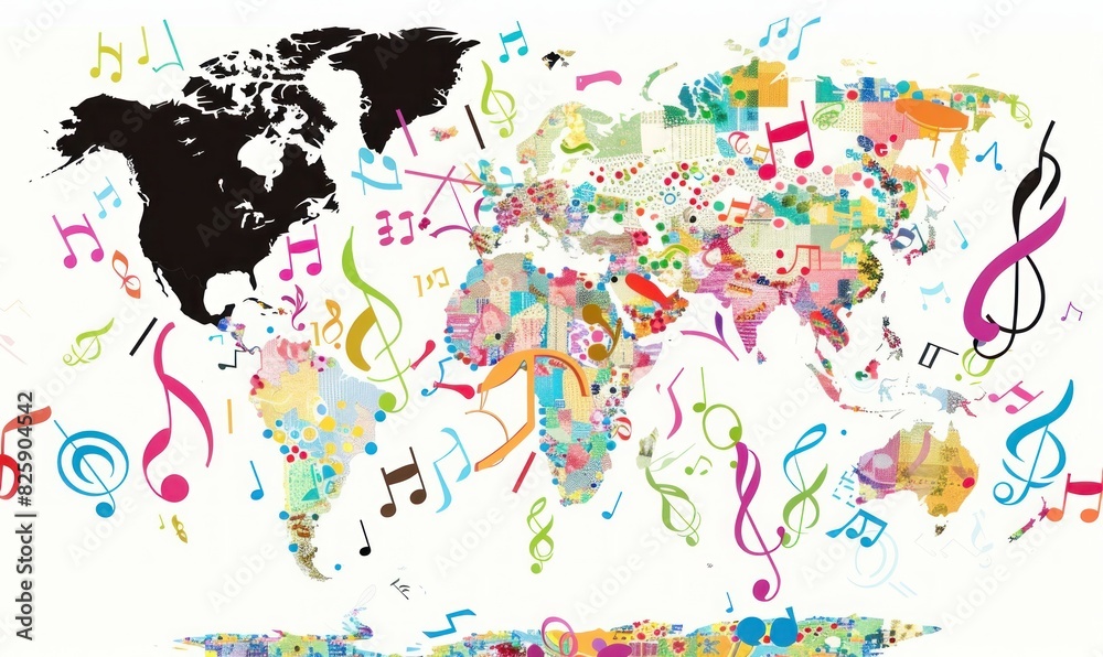 Fototapeta premium Global Symphony: A World Map Composed of Colorful Music Notes and Artistic Flair - Generative AI