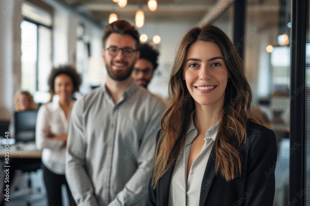 A group of people standing together in a professional office setting A group of people standing together in a professional office setting