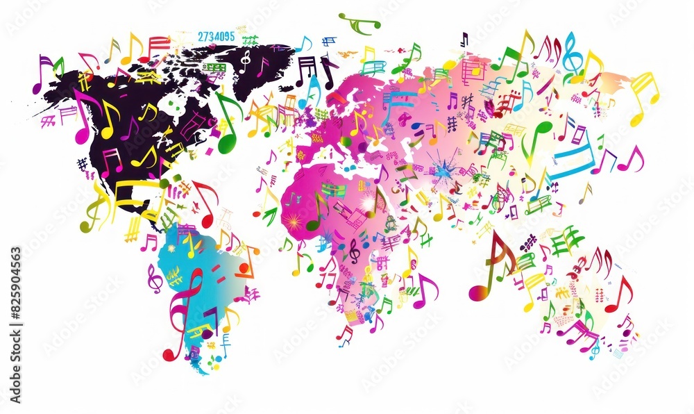 Fototapeta premium Global Symphony: A World Map Composed of Colorful Music Notes and Artistic Flair - Generative AI