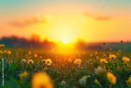 Sunset Over a Meadow of Vibrant Yellow Wildflowers with Golden Sunlight and Green Grass - Generative AI