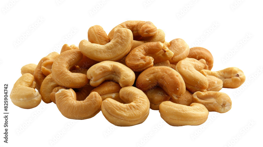Group of cashews stacked together on a white surface Group of cashews stacked together on a white surface
