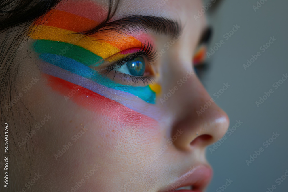 Fototapeta premium The face of a young woman is painted with bright rainbow colors. LGBT celebration concept.