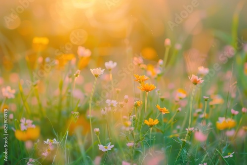 Sunset Over a Meadow of Vibrant Yellow Wildflowers with Golden Sunlight and Green Grass - Generative AI © Gelpi