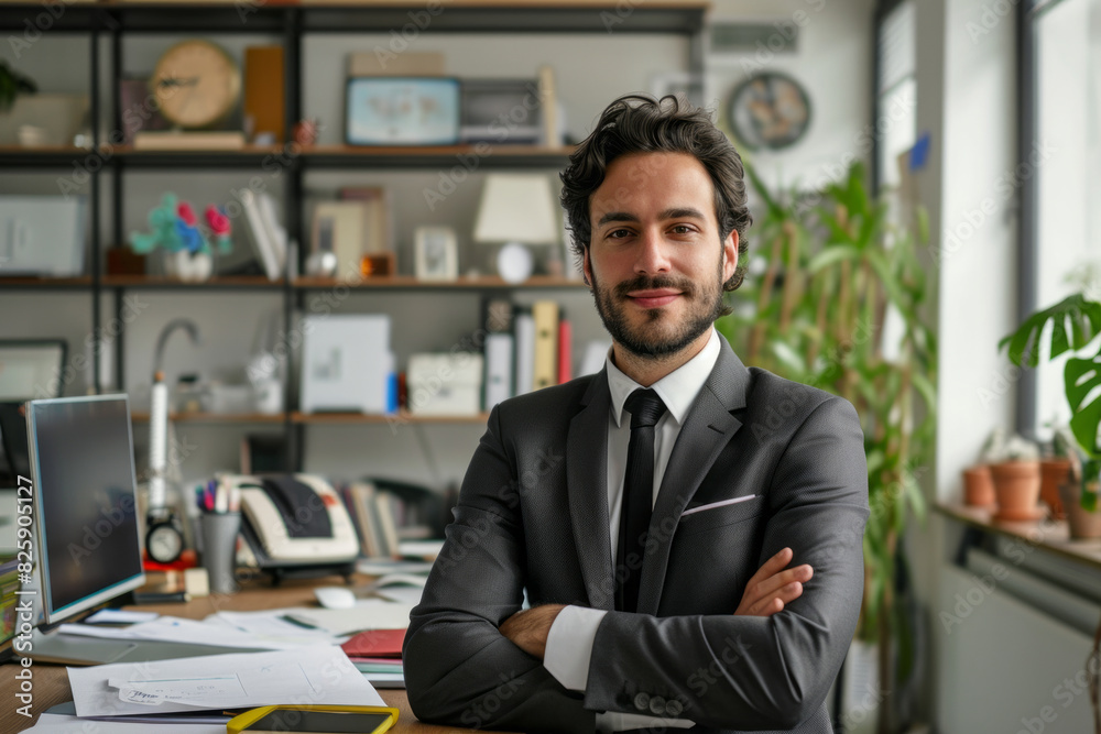 A man dressed in a suit and tie is standing in front of a desk in an office setting A man dressed in a suit and tie is standing in front of a desk in an office setting