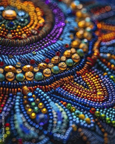 close-up of beadwork, detailed shot with intricate designs, showcasing expert craftsmanship, in stunning high resolution
