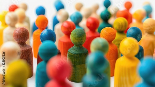 Colorful Wooden Figures Standing Together Symbolizing Unity and Diversity - Generative AI