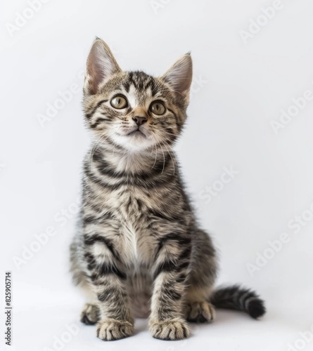 Adorable Grey Tabby Kitten Sitting and Looking Curiously with Big Eyes Isolated on White Background - Generative AI