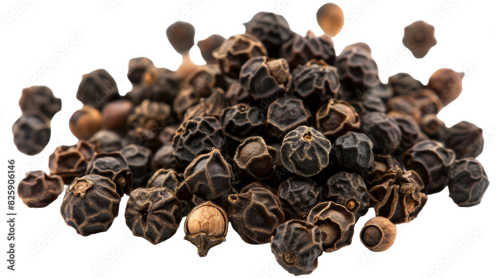A heap of black pepper grains arranged on a plain white surface A heap of black pepper grains arranged on a plain white surface