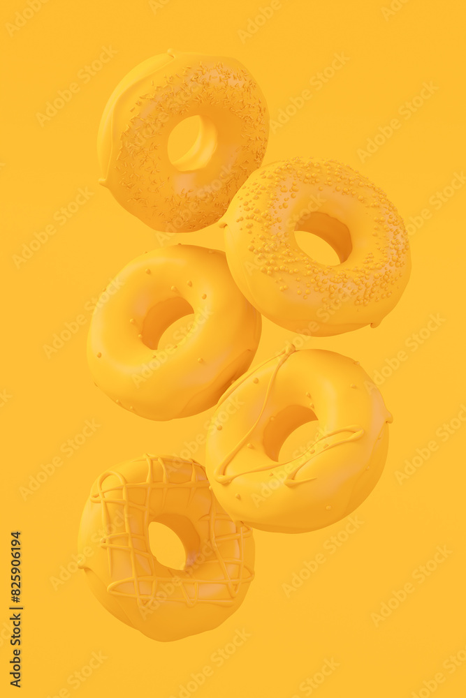 Chocolate glazed donut with sprinkles on plain monochrome yellow color Chocolate glazed donut with sprinkles on plain monochrome yellow color