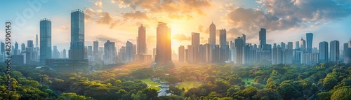 Futuristic cityscape with skyscrapers and lush parks at sunrise, symbolizing urban sustainability and beauty photo