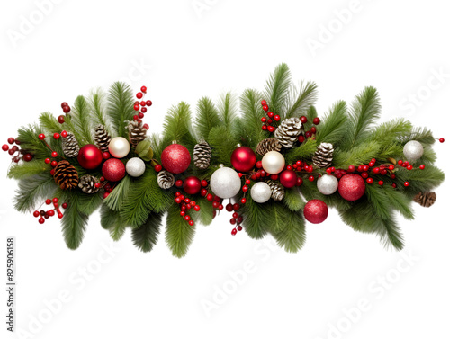 Christmas composition made of fir tree, balls and different decorations, branches with red baubles, isolated on transparent background.