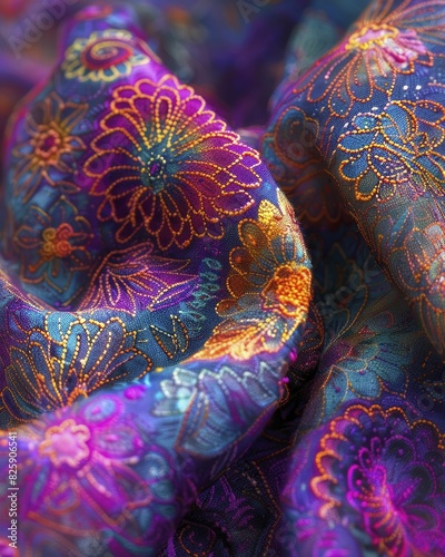 fabric dye patterns, macro shot with vibrant colors, highlighting intricate designs, artistic