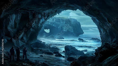Mysterious ocean cave with silhouettes of explorers and a distant view of the rocky coastline under a moody  overcast sky.