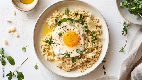 A gourmet dish featuring a fried egg atop creamy risotto garnished with fresh herbs, served with olive oil and parmesan cheese.