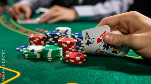 Closeup Of Poker Player Holding Ace Cards and Chips on Green Table