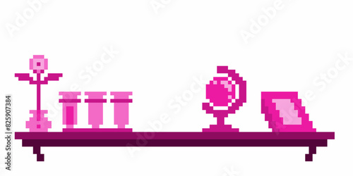 Pink Toned Wall Holder with Scientific Tools Decorations, Pixel Art Style Flat Illustration
