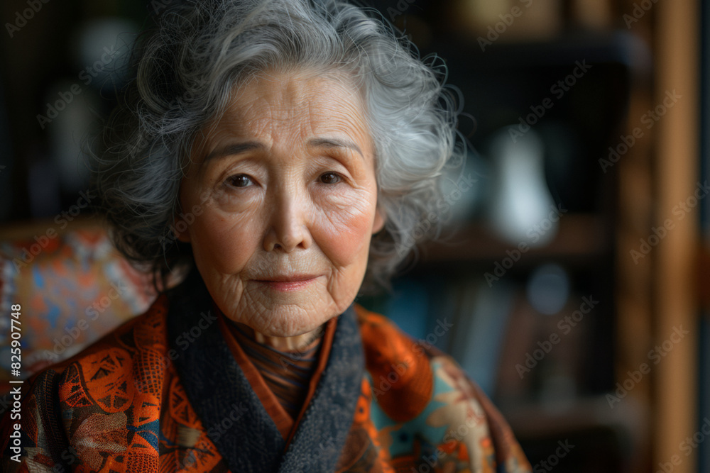 Close-up portrait of elderly asian woman in traditional kimono robe with patterns indoors for da Close-up portrait of elderly asian woman in traditional kimono robe with patterns indoors for da