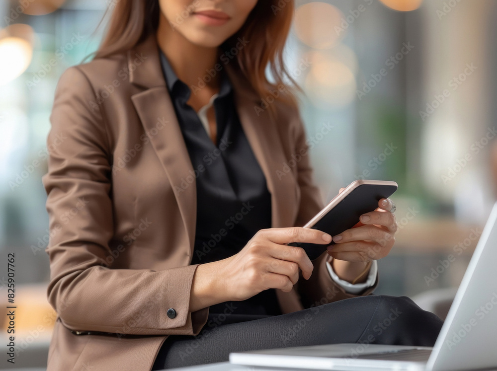 close view of businesswoman using smartphone close view of businesswoman using smartphone