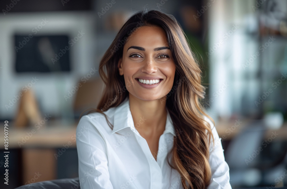 smiling Indian woman in a white shirt sitting in front of an office