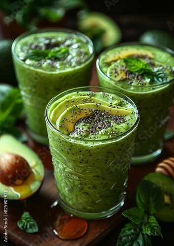 Avocado Smoothie - Pale green, garnished with avocado slices and a drizzle of honey.