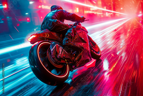Man is riding motorcycle with neon orange lights in the background. © valentyn640