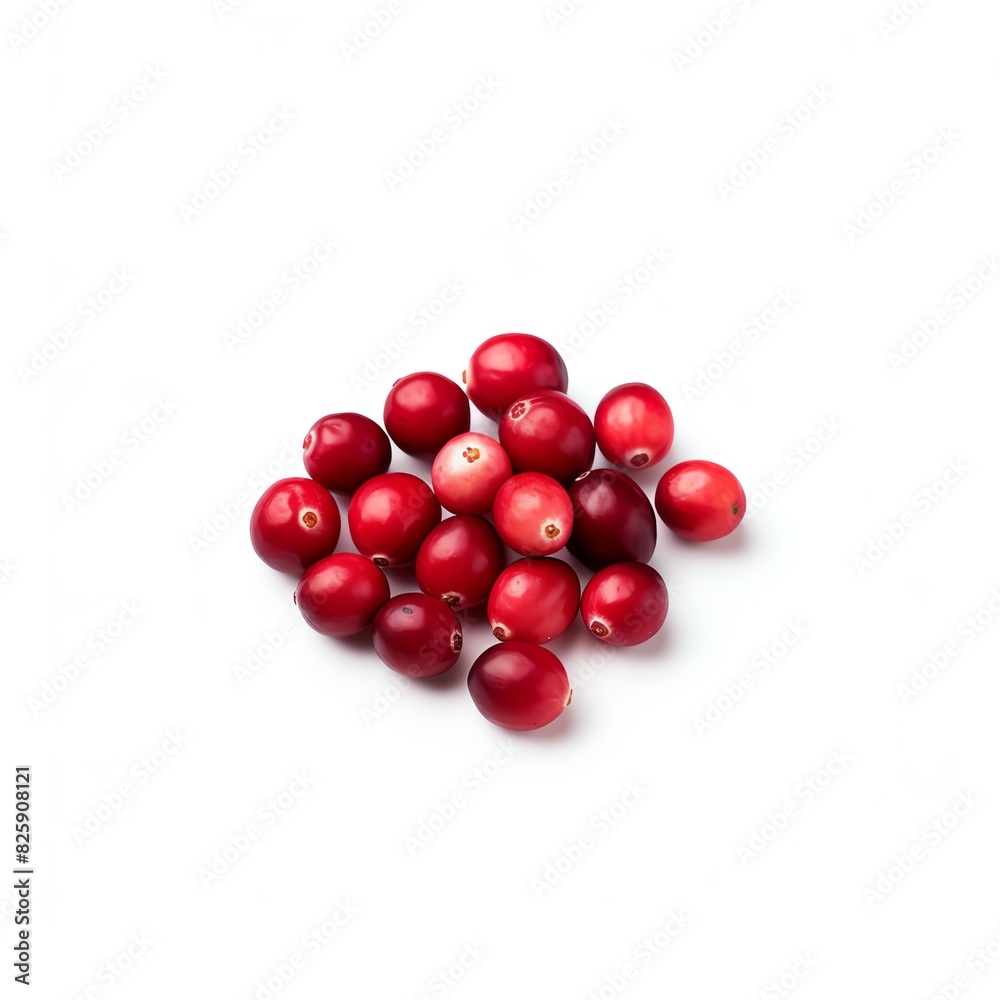 A cluster of fresh, ripe cranberries isolated on a white background, showcasing their vibrant red color and smooth surface. A cluster of fresh, ripe cranberries isolated on a white background, showcasing their vibrant red color and smooth surface.