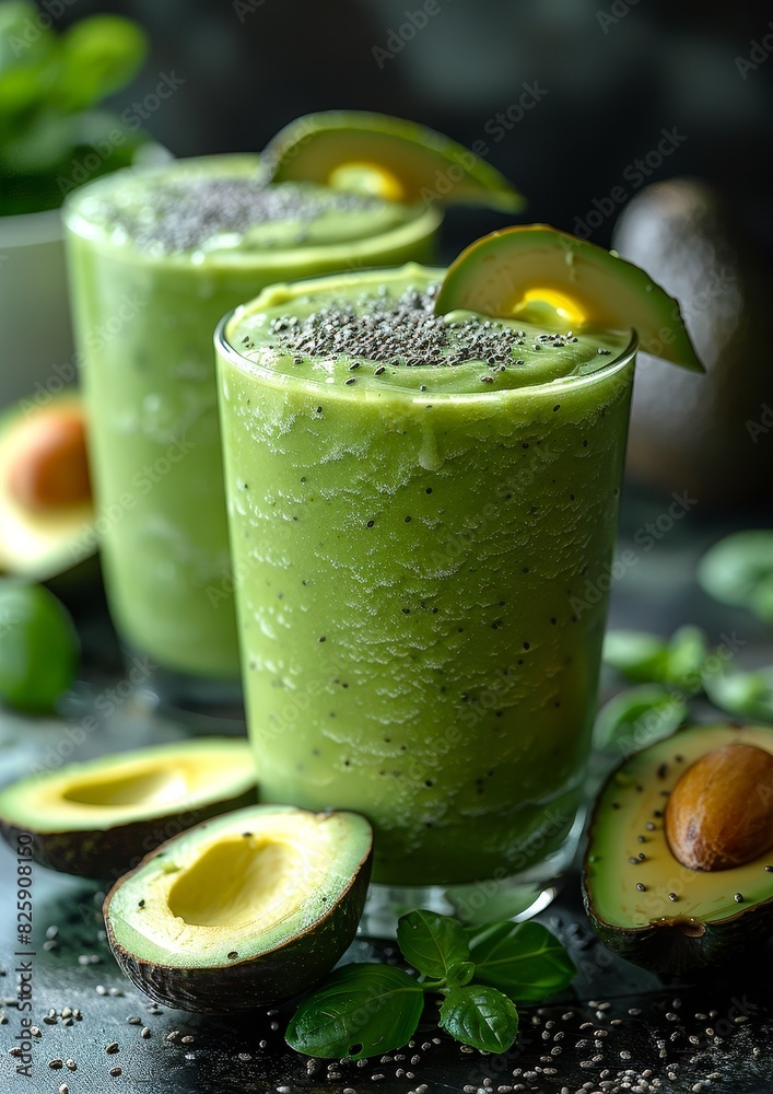 Avocado Smoothie - Pale green, garnished with avocado slices and a drizzle of honey. Avocado Smoothie - Pale green, garnished with avocado slices and a drizzle of honey.