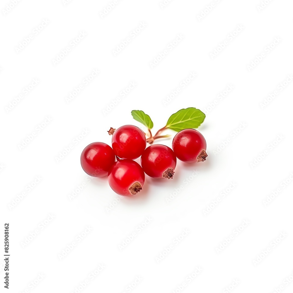 Close-up of bright red berries with green leaves on a white background, showcasing vibrant colors and fresh organic fruits.