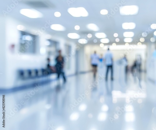 Blurred background of a medical clinic with figures in white and blue, focused on a doctor's office with medical equipment and out of focus people in hospital corridors, ideal for creating clean, prof