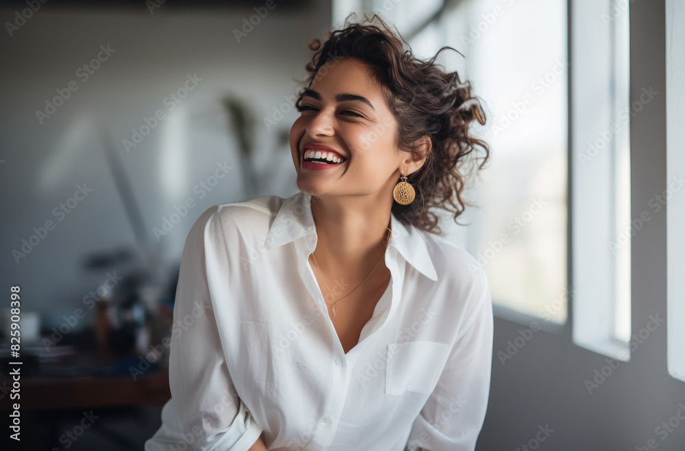 smiling Indian woman in a white shirt sitting in front of an office smiling Indian woman in a white shirt sitting in front of an office