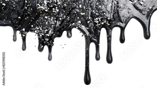 Black and silver dripping glitter liquid on an isolated background