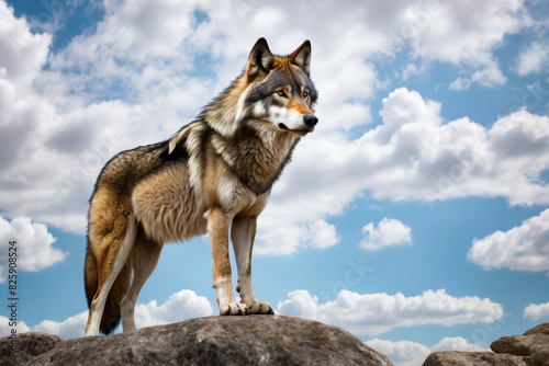 Wolf is standing on rock looking into the sky.