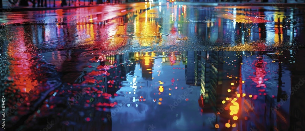 The reflective street, wet pavement glistened under the shimmering city lights at night.