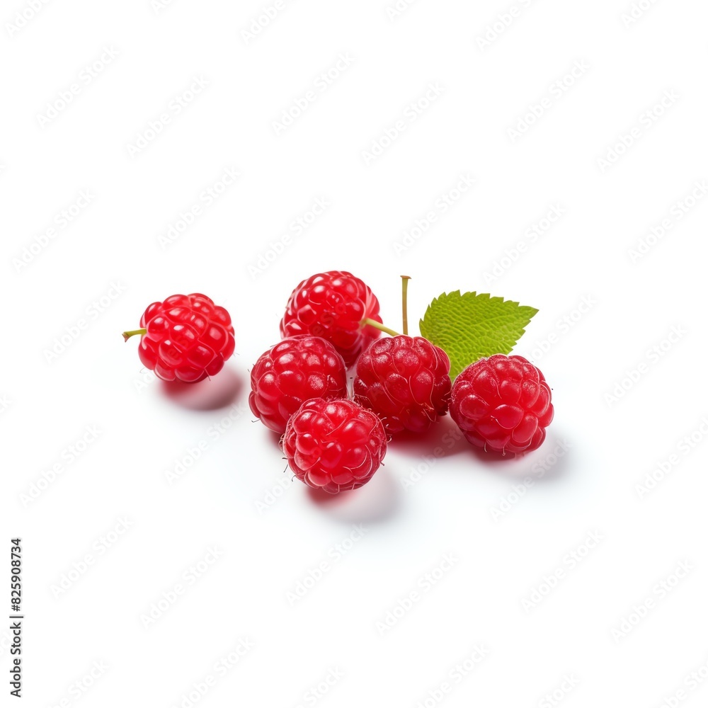 Fresh ripe raspberries with a green leaf on a white background. Perfect for healthy eating, fruit, and berry themes. Fresh ripe raspberries with a green leaf on a white background. Perfect for healthy eating, fruit, and berry themes.