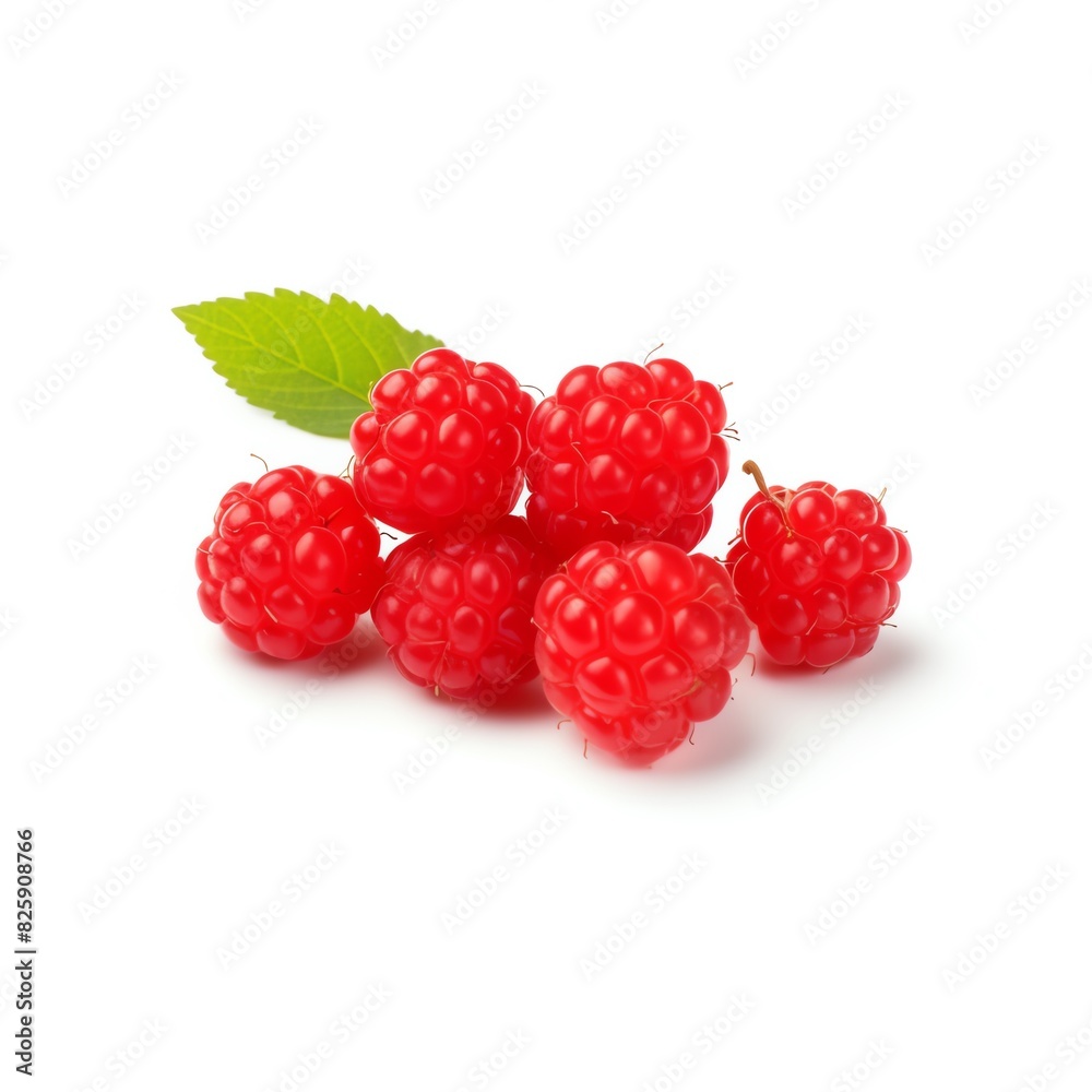 Fresh ripe raspberries with a green leaf isolated on a white background. Vibrant red color, perfect for health and nutrition concepts. Fresh ripe raspberries with a green leaf isolated on a white background. Vibrant red color, perfect for health and nutrition concepts.