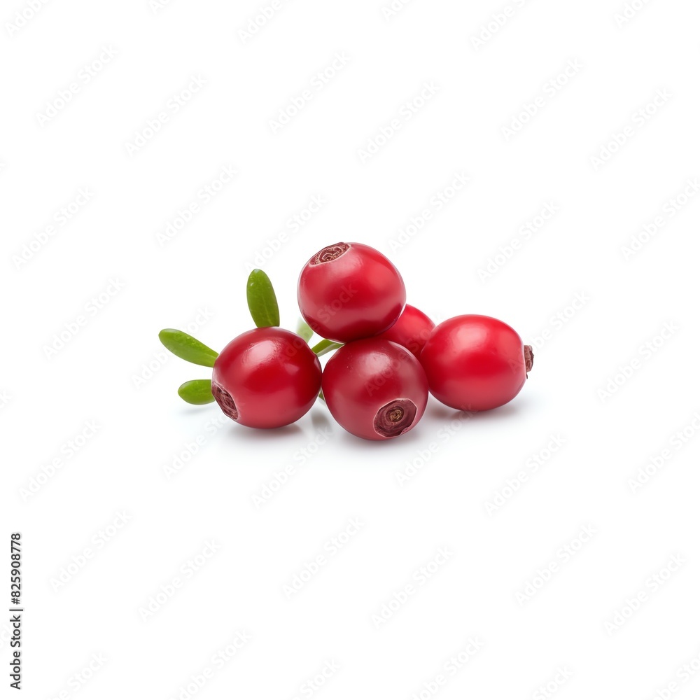 Fresh red lingonberry fruits with green leaves isolated on white background. Ideal for natural health, diet, and cooking themes. Fresh red lingonberry fruits with green leaves isolated on white background. Ideal for natural health, diet, and cooking themes.