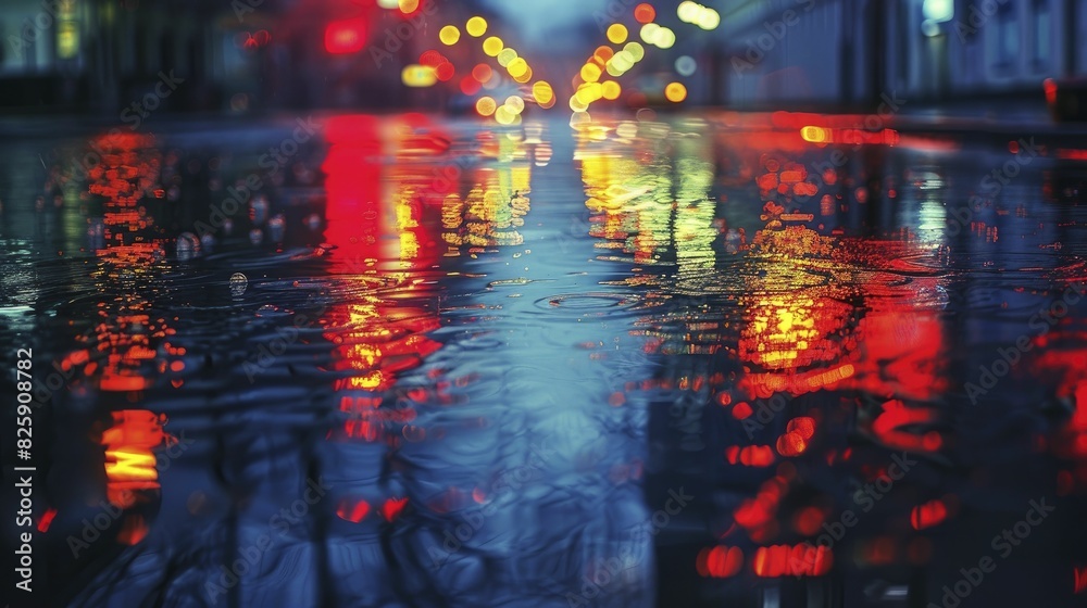 reflective street scene, night urban area with reflections on the wet pavement reflective street scene, night urban area with reflections on the wet pavement
