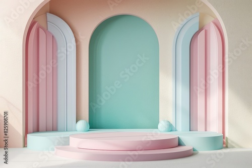 3D render design of abstract geometric shapes in a pastel color minimal scene, ideal for cosmetic or product display podiums.