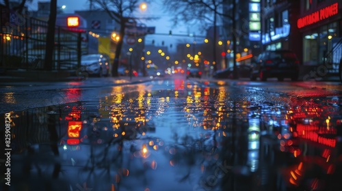 reflective city scene, urban area with wet streets and reflections at night