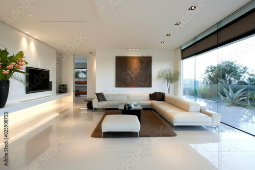 A living room featuring a large window that lets in natural light  with a white couch as the focal point