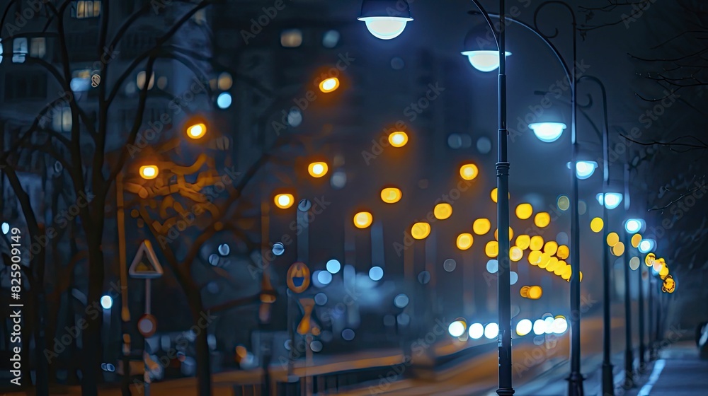 street lights at night, urban scene with illuminated street lamps