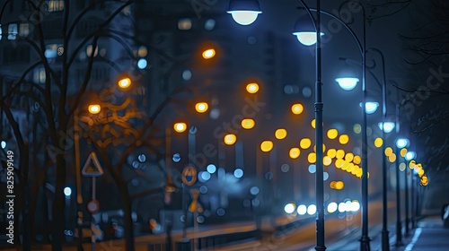 street lights at night, urban scene with illuminated street lamps © Kanisorn
